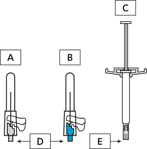Siringa pre-riempita con stantuffo esteso e freccia blu che indica la direzione di spinta per l