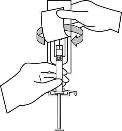 Mani che preparano una siringa preriempita con un dispositivo di sicurezza a protezione dell