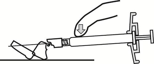 Siringa pre-riempita con ago inserito nella pelle, freccia bianca indica la direzione di iniezione sottocutanea