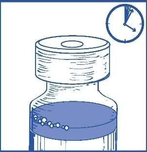 Fiala di medicinale con liquido blu e alcune bollicine visibili e orologio con lancetta che indica un tempo specifico