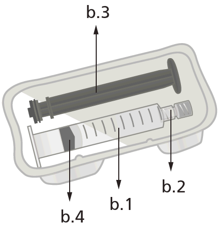 Siringa preriempita con stantuffo visibile e indicazioni numeriche b.1, b.2, b.3, b.4 su componenti specifici