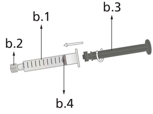 Siringa trasparente con stantuffo grigio e ago metallico, freccia che indica il movimento e indicazioni numeriche b1, b2, b3, b4