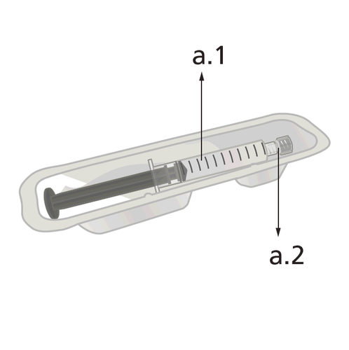 Siringa pre-riempita trasparente con stantuffo nero e ago visibile, indicazioni numeriche a.1 e a.2