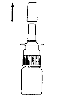 Flacone spray nasale con erogatore bianco e base scura, freccia nera indica la direzione verso l