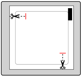 Forbici aperte e chiuse in alto e in basso con linee tratteggiate rosse e nere tra di esse su sfondo bianco