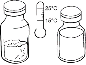 Fiala con polvere medicinale, termometro che indica 25&deg;C e fiala sigillata, illustrazione per conservazione corretta