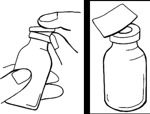 Fiala di vetro con tappo in gomma e mano che lo rimuove, accanto fiala con tappo sollevato