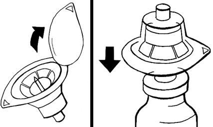 Tappo di flacone farmaceutico con freccia nera che indica rotazione e successiva pressione verso il basso