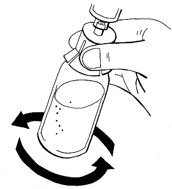 Mano che ruota un flacone di vetro con liquido e tappo di protezione trasparente frecce indicano il movimento rotatorio