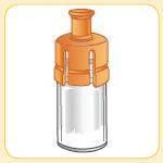 Fiala di vetro trasparente con liquido chiaro e tappo arancione a forma di bottiglia con meccanismo di dosaggio