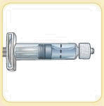 Siringa preriempita trasparente con stantuffo grigio e attacchi metallici alle estremità