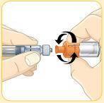 Mani che assemblano un dispositivo medico arancione e metallico con frecce curve nere che indicano il movimento di rotazione