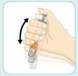 Mano che afferra un dispositivo autoiniettante con ago visibile e freccia curva che indica la direzione di rotazione