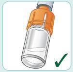 Fiala di medicinale arancione con parte inferiore trasparente e spunta verde di conferma