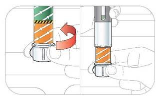 Penna per iniezione con cartuccia arancione a righe e freccia rossa che indica rotazione verso destra