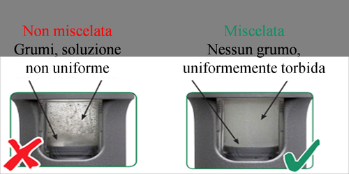 Due fiale con liquido, una con grumi e croce rossa, l