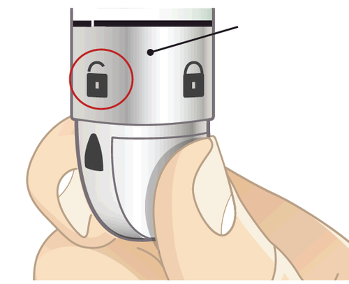 Dispositivo penna per iniezione con meccanismo di blocco evidenziato da cerchio rosso e freccia, tenuto in mano