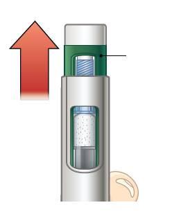 Penna iniettabile con stantuffo trasparente e indicatore di dose, freccia rossa verso l