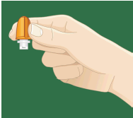 Mano che tiene un dispositivo medico arancione a forma di proiettile con un tappo bianco inferiore