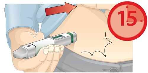 Mano che tiene un dispositivo per iniezione con ago inserito nella pelle addominale freccia rossa indica la posizione e numero 15