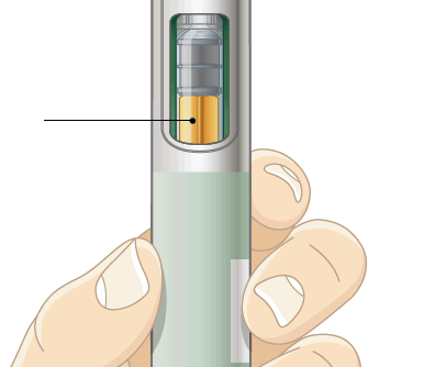 Penna per insulina tenuta in mano con pistone giallo visibile e indicatore di dose