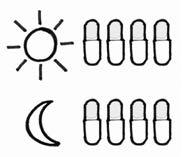 Sole stilizzato sopra capsule e una luna crescente sotto altre capsule farmaceutiche