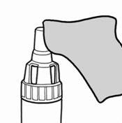 Tampone di cotone grigio che preme sulla sommità di un flacone bianco con tappo a vite