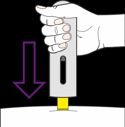 Dispositivo autoiniettante grigio tenuto in mano con ago giallo che penetra nella pelle indicata da una freccia viola
