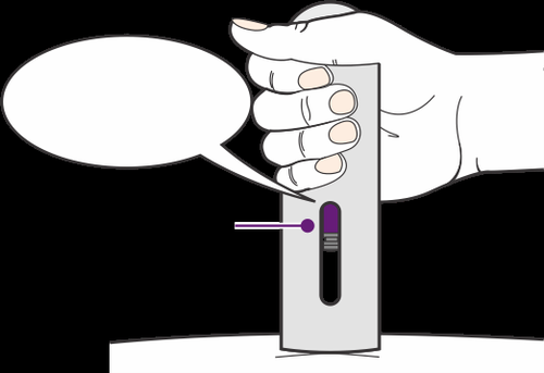 Mano che tiene un dispositivo medico rettangolare grigio con una finestra viola e una freccia indicante il punto di applicazione