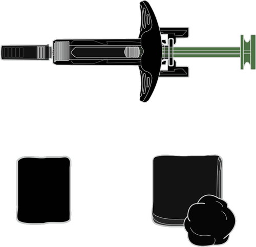 Siringa di colore nero con ago verde e due adattatori rettangolari neri, uno singolo e uno con tampone di cotone bianco