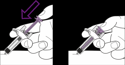 Mano che tiene una siringa preriempita con ago inserito nella pelle, freccia viola indica la direzione dell