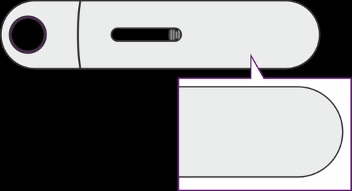 Penna iniettabile bianca con pulsante viola e dettaglio ingrandito dell