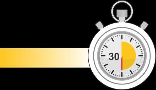 Cronometro bianco con lancetta rossa che indica 30 secondi su sfondo giallo e nero