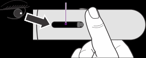 Penna iniettabile grigia con pulsante viola e freccia che indica la pressione con il dito