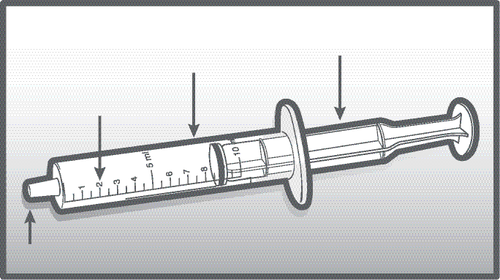 Siringa graduata con stantuffo e ago trasparente, frecce nere indicano le parti principali e la scala graduata da 2 a 10 ml