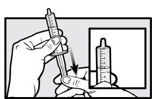 Mano che tiene una siringa graduata con un ago, freccia che indica l