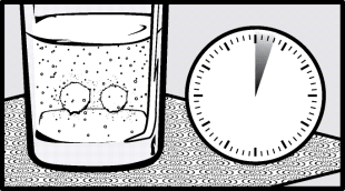 Soluzione trasparente con tre palline bianche e un cronometro con lancetta che indica un tempo specifico