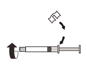 Siringa pre-riempita con ago protetto da cappuccio, frecce indicano direzione di rimozione del cappuccio e preparazione all
