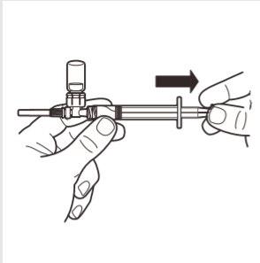 Mano che tiene una siringa preriempita con ago, stantuffo tirato indietro e freccia nera che indica la direzione di aspirazione del farmaco