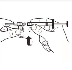 Mani che estraggono farmaco da flaconcino con siringa, freccia nera indica direzione di estrazione e collegamento ago