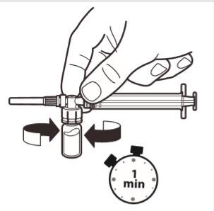 Mano che avvita un flaconcino a una siringa preriempita con frecce curve e un timer che indica 1 minuto