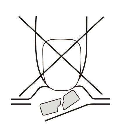 Simbolo di divieto con una capsula farmaceutica spezzata da cui fuoriescono frammenti e linee oblique incrociate
