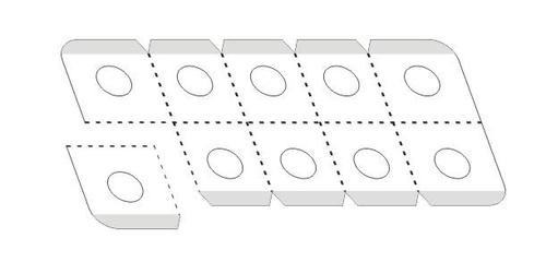 Confezione blister con otto scomparti ovali, parzialmente aperta con linee tratteggiate che indicano i punti di separazione