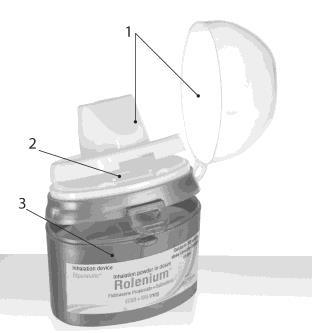 Dispositivo inalatore Rolenium aperto con polvere da inalazione visibile, etichetta con indicazioni e numeri identificativi