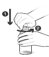 Mano che avvita un cappuccio su un flacone, freccia nera indica la direzione e numero 1 indica il passo della procedura