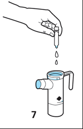 Mano che versa da una provetta trasparente del liquido in un nebulizzatore bianco con parti blu e un numero 7 in basso