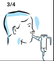 Profilo di testa con inalatore posizionato sulle labbra e tubo flessibile collegato lateralmente