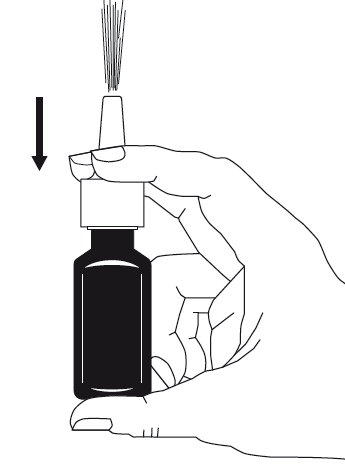 Mano che tiene una fiala scura con un tappo bianco e un dispositivo dosatore superiore con freccia direzionale nera verso il basso