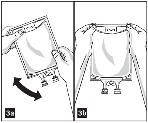 Sacchetto di infusione con porta, freccia nera indica direzione di apertura e chiusura, due viste separate 3a e 3b