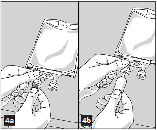 Mani che aprono una bustina sigillata e ne estraggono il contenuto con le dita in due fasi successive indicate da 4a e 4b